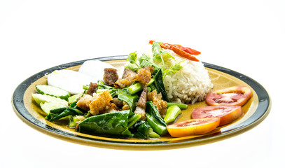 Stir-fried kale with crispy pork and rice