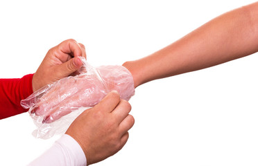 Female hand after paraffin treatment. Manicure and skincare.