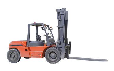 Forklift isolated on white background. May called fork truck or lift truck. Elevator machine equipment or vehicle for heavy industrial work in warehouse, factory i.e. lift up, raise and delivery.