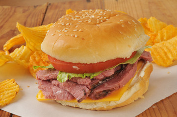 roast beef sandwich on a hamburger bun