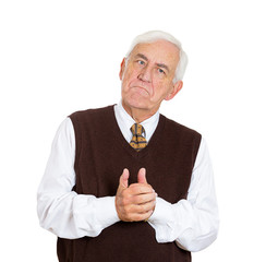 unhappy old man plotting revenge isolated on white background