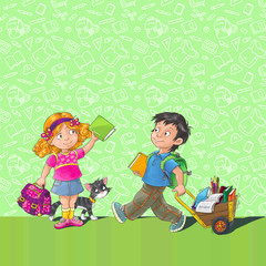 School poster with boy, girl, cat and pattern background