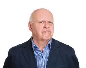 Headshot annoyed grumpy suspicious old man white background 