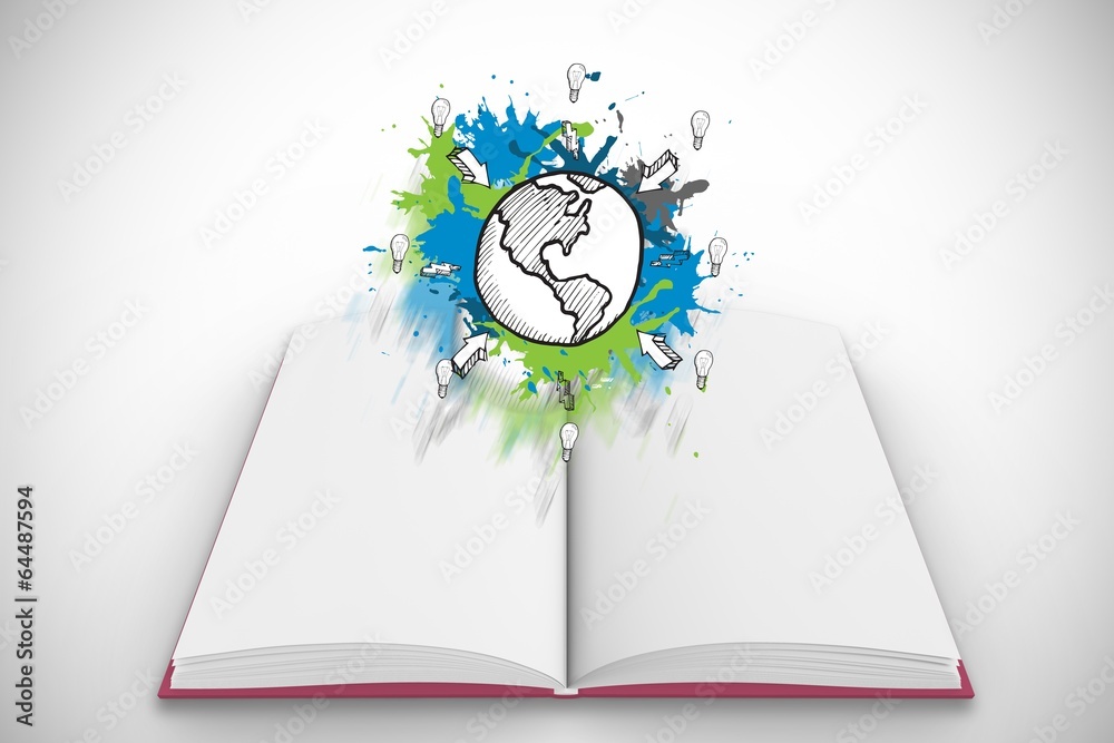 Poster Composite image of earth and arrows on paint splashes on open bo
