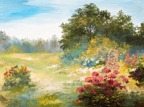 Oil Painting - field with flowers and forest