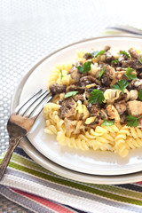 Spiral pasta with morel mushrooms