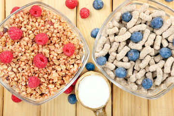 Healthy whole grain muesli and bran breakfast with fruits