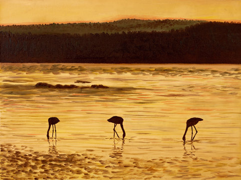 Oil Painting - flamingos at sunset, sea and mountains