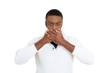 See, hear, speak no evil concept. Young man on white background 
