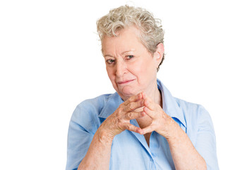 wicked old woman planning revenge isolated on white background 