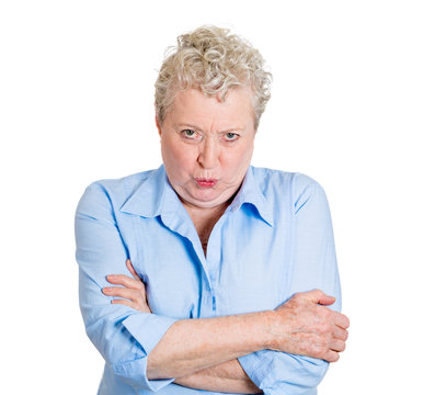 portrait pissed off old female isolated on white background 