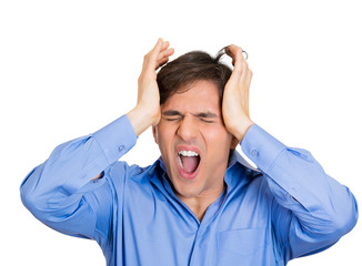 Naklejka premium Headshot frustrated man squeezing head very upset 