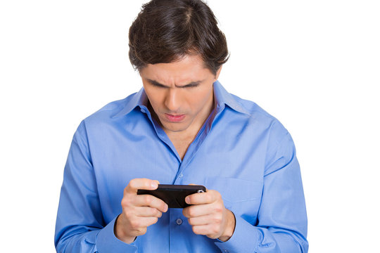 Portrait stressed middle aged man using his smart phone