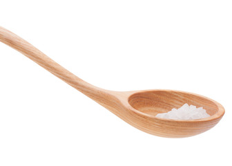 Mineral salt in wooden spoon isolated on white background cutout