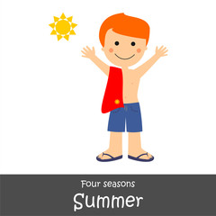Niño pelirrojo con traje de baño en verano. Ilustración vectorial