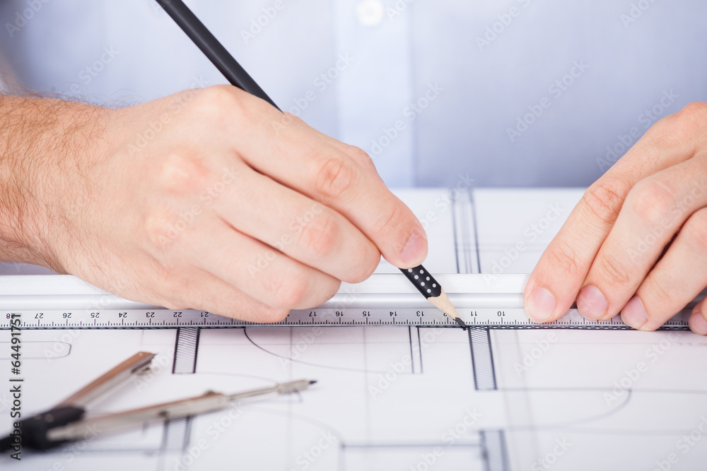 Poster Cropped Image Of Architect Working On Blueprint