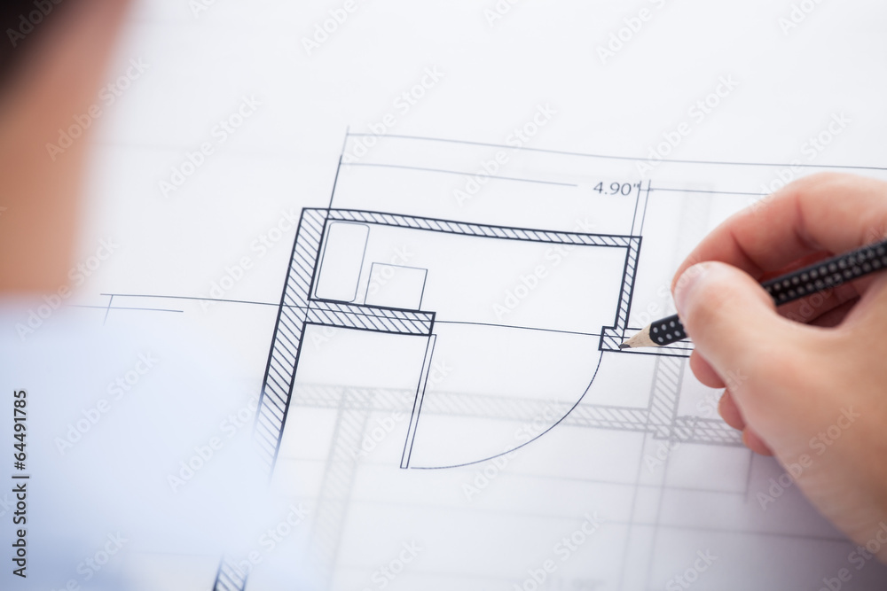 Poster Cropped Image Of Architect Working On Blueprint