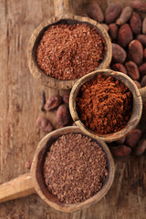 cocoa powder in spoon on roasted cocoa chocolate beans backgroun