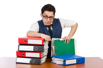 Funny man with lots of folders on white