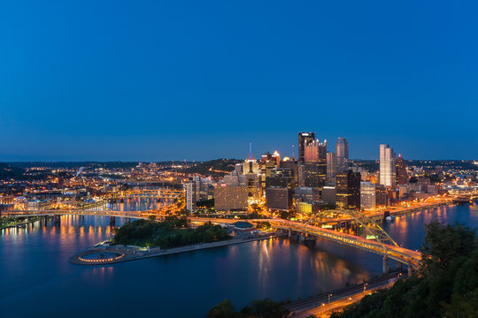 Pittsburgh Downtown Skyline At Night, Pennsylvania, USA