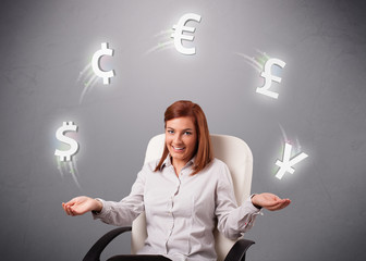 young lady sitting and juggling with currency icons