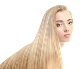 Naklejka premium Hair. Beautiful bond girl with healthy long hair. Haicare and ha