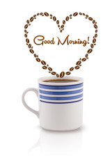 Coffee mug with coffee beans shaped heart with good morning sign