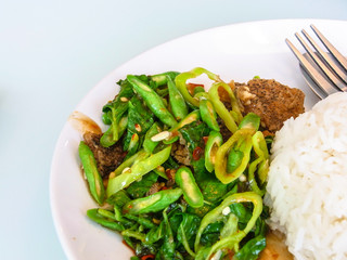 Rice topped with spicy fried basil fish