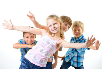 happy smiling children friends have fun, isolated on a white bac