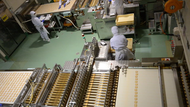 People and Machine Producing Biscuits in Factory