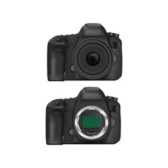 paper cut of black slr digital camera isolated is body icon for