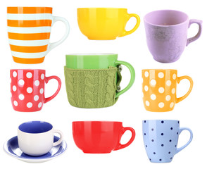 Collage of colorful mugs isolated on white