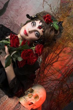 Woman with roses and skull