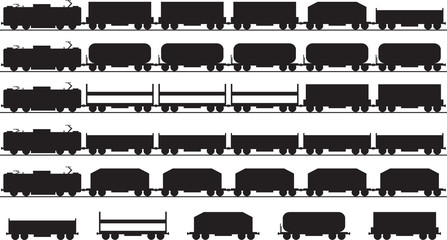 Set of electric trains silhouette illustrated on white