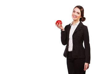 Attractive smiling businesswoman holding red apple, isolated on