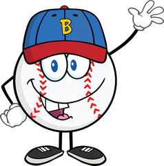 Baseball Ball With Cap Cartoon Mascot Character Waving