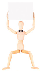 wooden Dummy businessman with empty banner