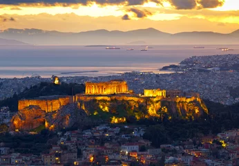Fototapeten Athen, Griechenland. Nach Sonnenuntergang. Parthenon- und Herodium-Konstruktion © SJ Travel Footage