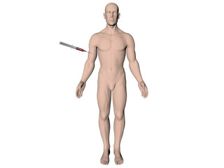 corps homme 3D sur fond blanc avec seringue