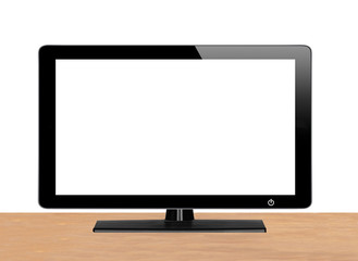 Modern TV screen on wooden table - obrazy, fototapety, plakaty