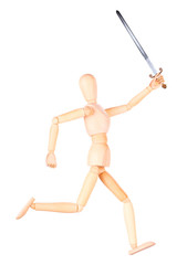 wooden Dummy holding Medieval sword isolated