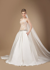 Sophisticated Slender Woman in Long Elegant Dress posing