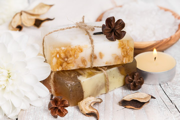 Fototapeta na wymiar Handmade soap with oat flakes