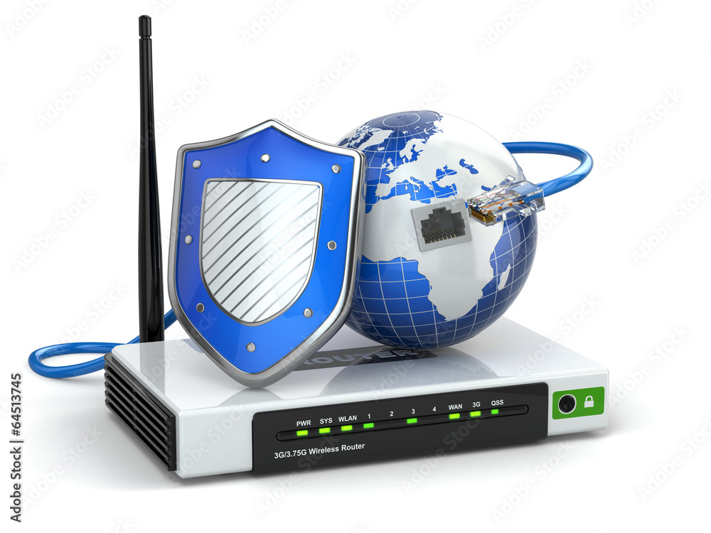 Poster Internet security. Router with shield and earth.