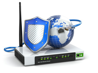 Internet security. Router with shield and earth.