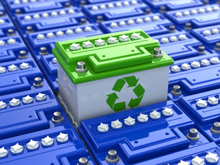 Car battery recycling. Green energy. Background from accumulator - obrazy, fototapety, plakaty