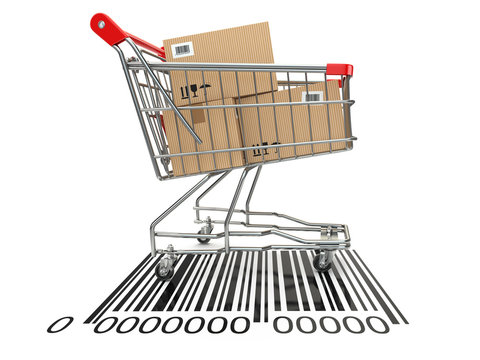 Shopping cart with purchases on bar code.