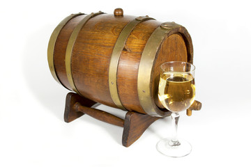 Wooden Oak Cask with Glass of White Wine