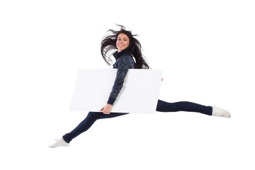 Happy woman jumping with banner