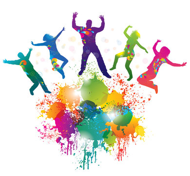 Background with jumping and dancing people and colorful splash.